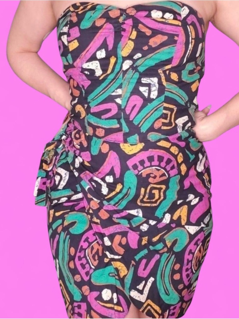 Vintage All That Jazz 80s Tiki Strapless Wrap Dress
